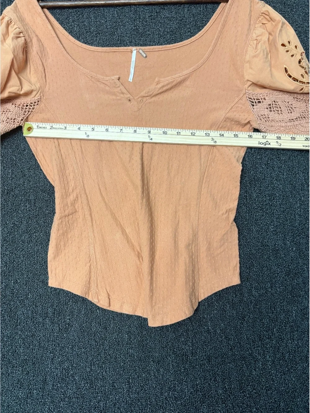 Free people size Large Rust Orange Blouse with Crochet Lace Sleeves